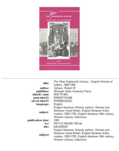 The Other eighteenth century: English women of letters, 1660-1800