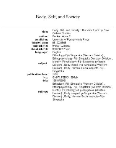 Body, Self, and Society: The View from Fiji (New Cultural Studies Series)