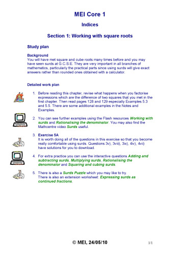 MEI C1 Study Resources Core1 Indices 1 Square Roots  