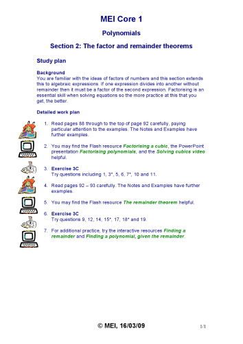 MEI C1 Study Resources Core1 Polynomials 2 The Factor and Remainder Theorems  