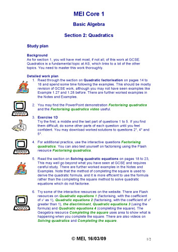 MEI C1 Study Resources Core1 Basic Algebra 2 Quadratics  