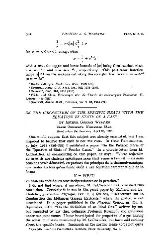 On the Connection of the Specific Heats with the Equation of State of a Gas (1920)(en)(5s)