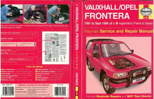 Vauxhall Opel Frontera 1991 to 1998 (J to S registration), petrol diesel. Haynes Service and Repair Manual.