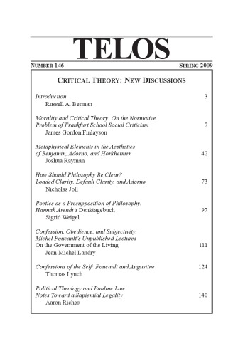 TELOS: A Quarterly Journal of Critical Thought no 146 (Spring 2009): Critical Theory: New Discussions  issue 146