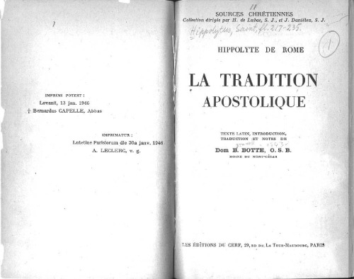 La tradition apostolique: text latin, introduction, traduction et notes (Sources chrétiennes 011)  