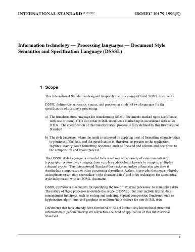 ISO IEC 10179:1996 Information technology -- Processing languages -- Document Style Semantics and Specification Language (DSSSL)  