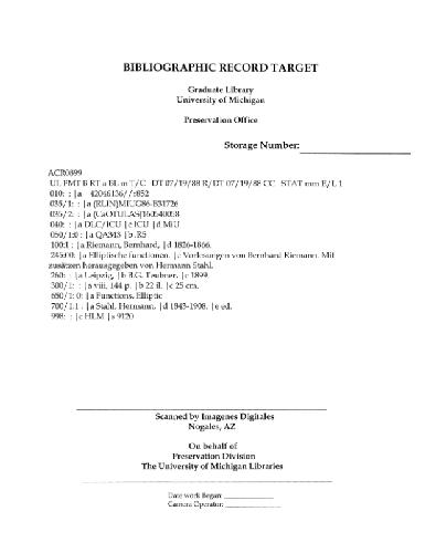 Elliptische functionen. Vorlesungen von Bernhard Riemann, mit Zusaetzen