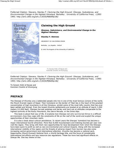 Claiming the High Ground: Sherpas, Subsistence, and Environmental Change in the Highest Himalaya  