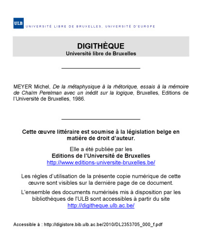 De la métaphysique à la rhétorique : Essais à la mémoire de Chaim Perelman avec un inédit sur la logique rassemblés par Michel Meyer