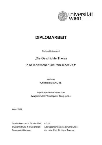 Die Geschichte Theras in hellenistischer und römischer Zeit. Diplomarbeit, Universität Wien  