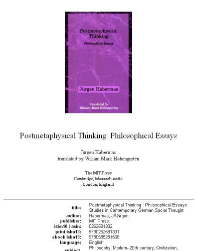 Postmetaphysical thinking: philosophical essays  