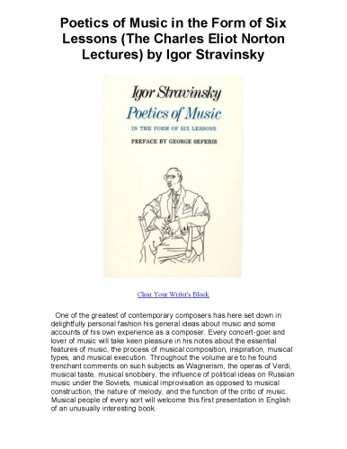 Poetics of Music in the Form of Six Lessons The Charles Eliot Norton Lectures    