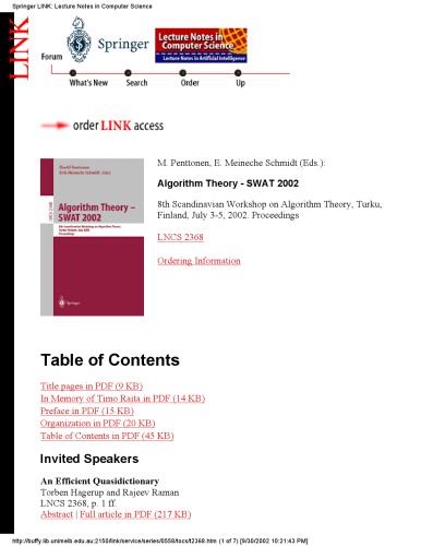 Algorithm Theory — SWAT 2002: 8th Scandinavian Workshop on Algorithm Theory Turku, Finland, July 3–5, 2002 Proceedings