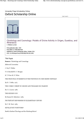 Christology and cosmology: models of divine activity in Origen, Eusebius, and Athanasius