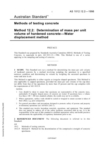 Methods of testing concrete: determination of mass per unit volume of hardened concrete