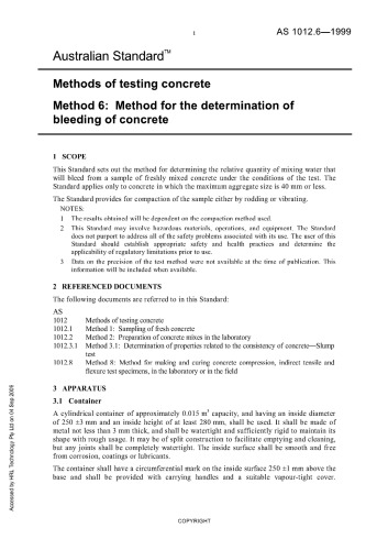 Methods of testing concrete: Method for the determination of bleeding of concrete