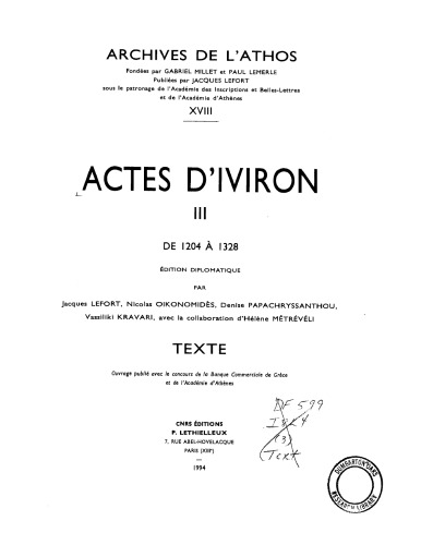 Actes d'Iviron,  tome 3: de 1204 a 1328