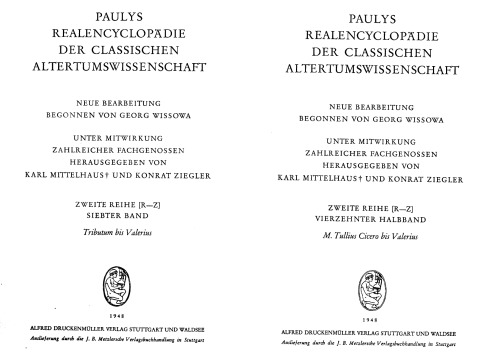 Paulys Realencyclopädie der classischen Altertumswissenschaft: neue Bearbeitung, Bd.7A 2 : Tullius - Valerius: BD VII A, Hbd VII A,2