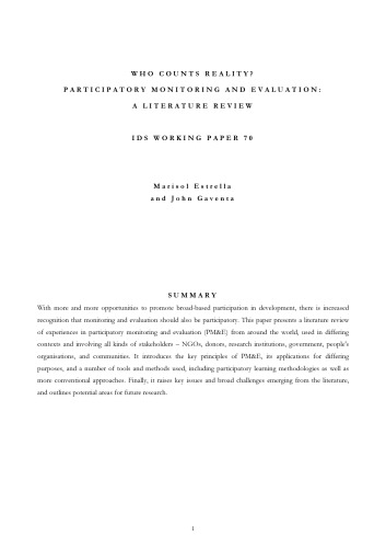 Who Counts Reality? Participatory Monitoring and Evaluation - a Literature Review (IDS Working Papers)