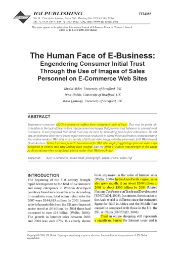 The Human Face of E-Business: Engendering Consumer Initial Trust Through the Use of Images of Sales Personnel on E-Commerce Web Sites