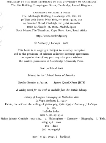 Fichte: The Self and the Calling of Philosophy, 1762-1799