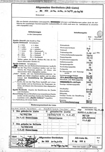 Allgemeine Ger#228;teliste (AG-Liste)Me 262 A-1a, A-2a, A-1a/U5, A-1a/U2