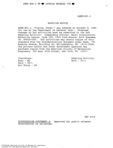 Power Piping: ASME Code for Pressure Piping, B31 : an American National Standard