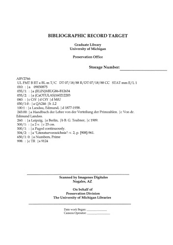 Handbuch der Lehre von der Verteilung der Primzahlen