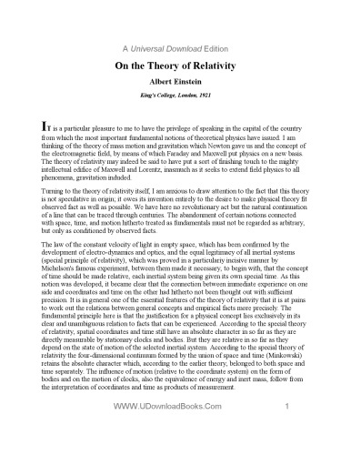 On The Theory Of Relativity