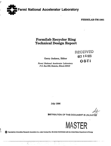 Fermilab Recycler Ring - Technical Design Report