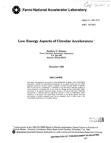 Low Energy Aspects of Circular Accelerators