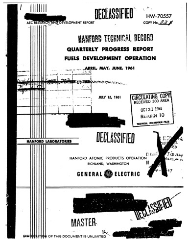 Fuels [nuclear] Development Operation [qtrly rpt, Apr-Jun 1961] [declassified]