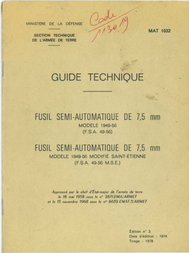 Guide Technique Fusil Semi-Automatique de 7,5 mm Modele 1949-56 [FRENCH]