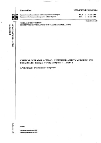 Human Reliability Models - Questionaire Responses (csni-r98-1-add1)