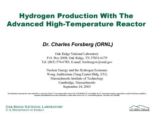 Hydrogen Production with the AHTR [pres. slides]