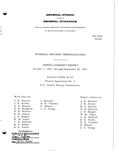 Integral Neutron Thermalization [annual summ rpt Oct 61 - Sep 62]