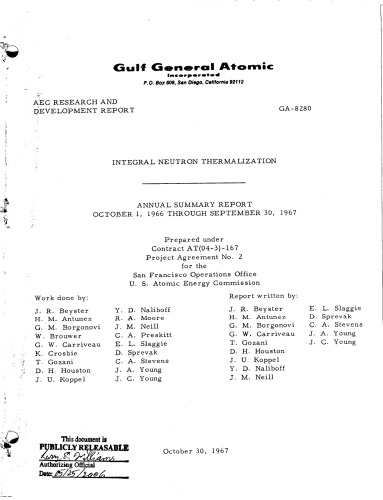 Integral Neutron Thermalization [annual summ rpt Oct 66 - Sep 67]