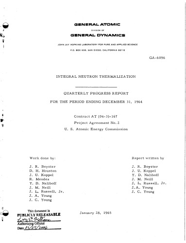 Integral Neutron Thermalization [qtrly prog rpt - ending Dec 31, 1964]