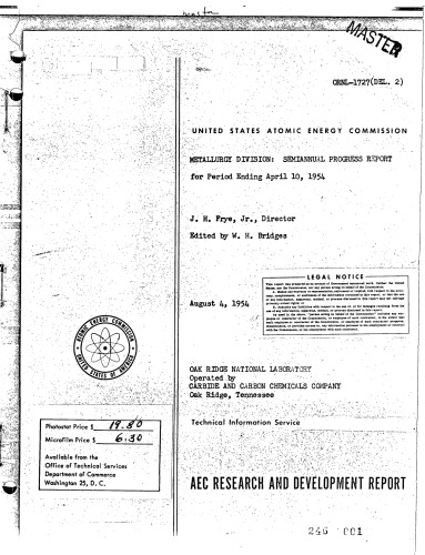 Metallurgy Division - Semiannual Prog Rpt [Apr 10, 1954]