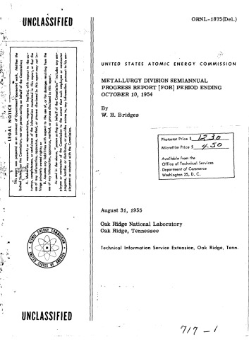 Metallurgy Division - Semiannual Progress Rpt [Oct 10, 1954] [Declassified]