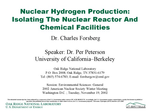 Nuclear Hydrogen Production - Separating Reactor, Chemical Facils [pres. slides]