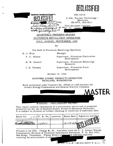 Plutonium Metallurgy Operation - Quarterly Prog Rpt [Jul-Sep 1962] [Declassified]