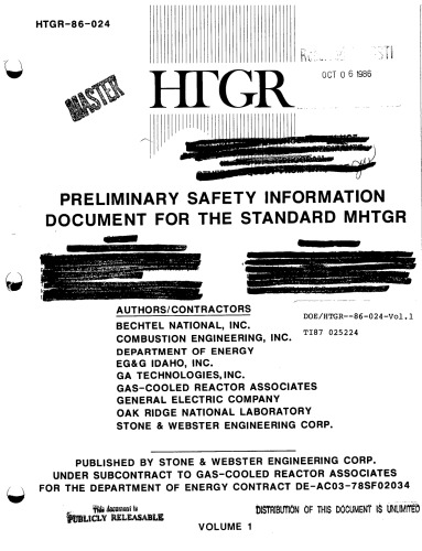 Prelim Safety Rpt - Std MHTGR Vol 1