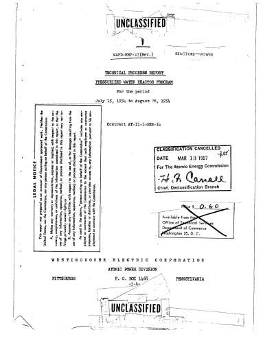 PWR Program Progress Rpt [Jul 15, 1954 - Aug 26, 1954] [declassified]