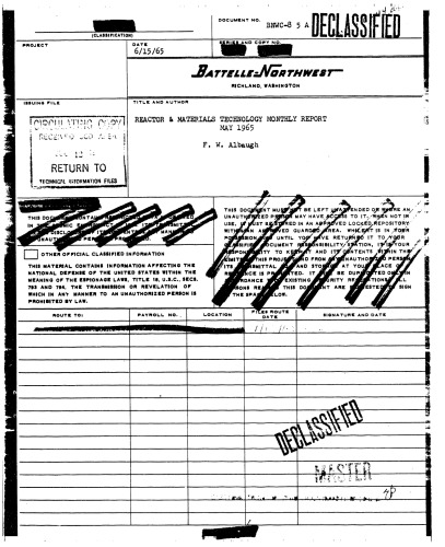 Reactor and Materials Tech Monthly Rpt [May, 1965] [Declassified]