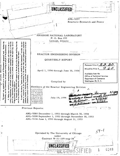 Reactor Engineering Division Qtrly Rpt [Apr-Jun 1954] [Declassified]