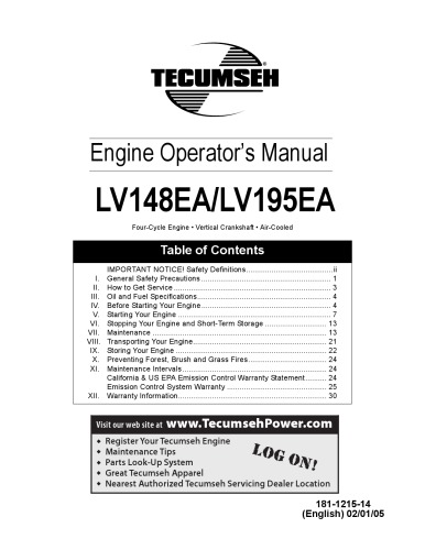 Tecumseh - LV148EA, LV195EA Engine Operators Manual