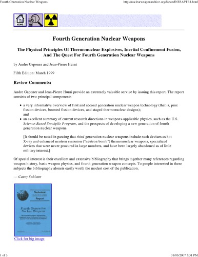 Fourth generation nuclear weapon : the physical principles of thermonuclear explosives, inertial confinement fusion, and the quest for fourth generation nuclear weapons