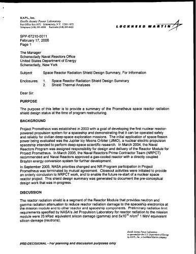 Space Reactor Radiation Shield Design Summary, for Information