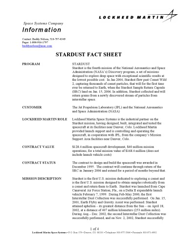 Stardust Fact Sheet, 1997